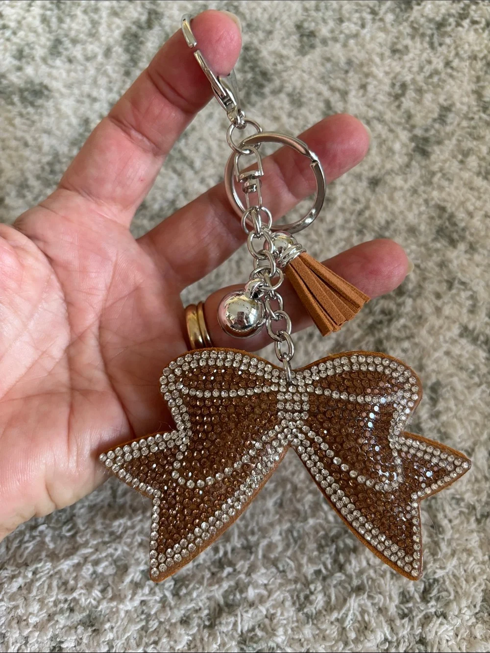 Western Rhinestone Bow Keychain with Tassel - Brown NWT 6”